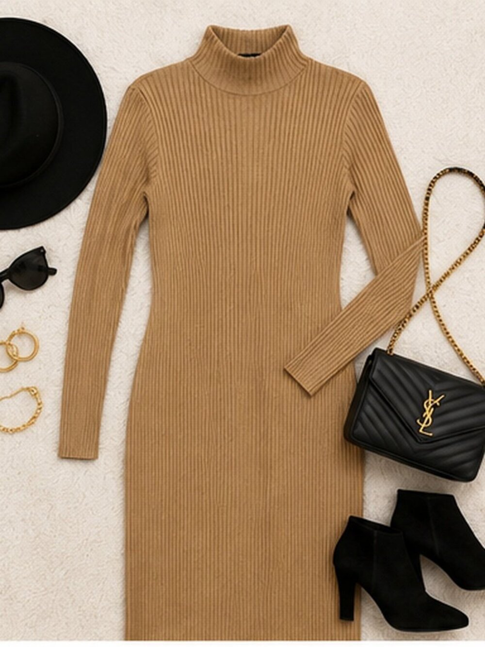 Bebe Camel Ribbed Turtleneck Sweater Dress Size XL NWT